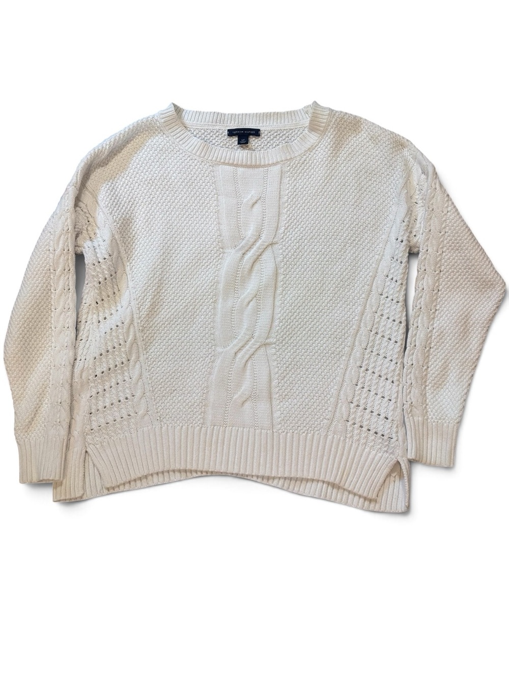 Tommy Hilfiger Cream Cable Knit Crewneck Sweater size Small 100% Cotton